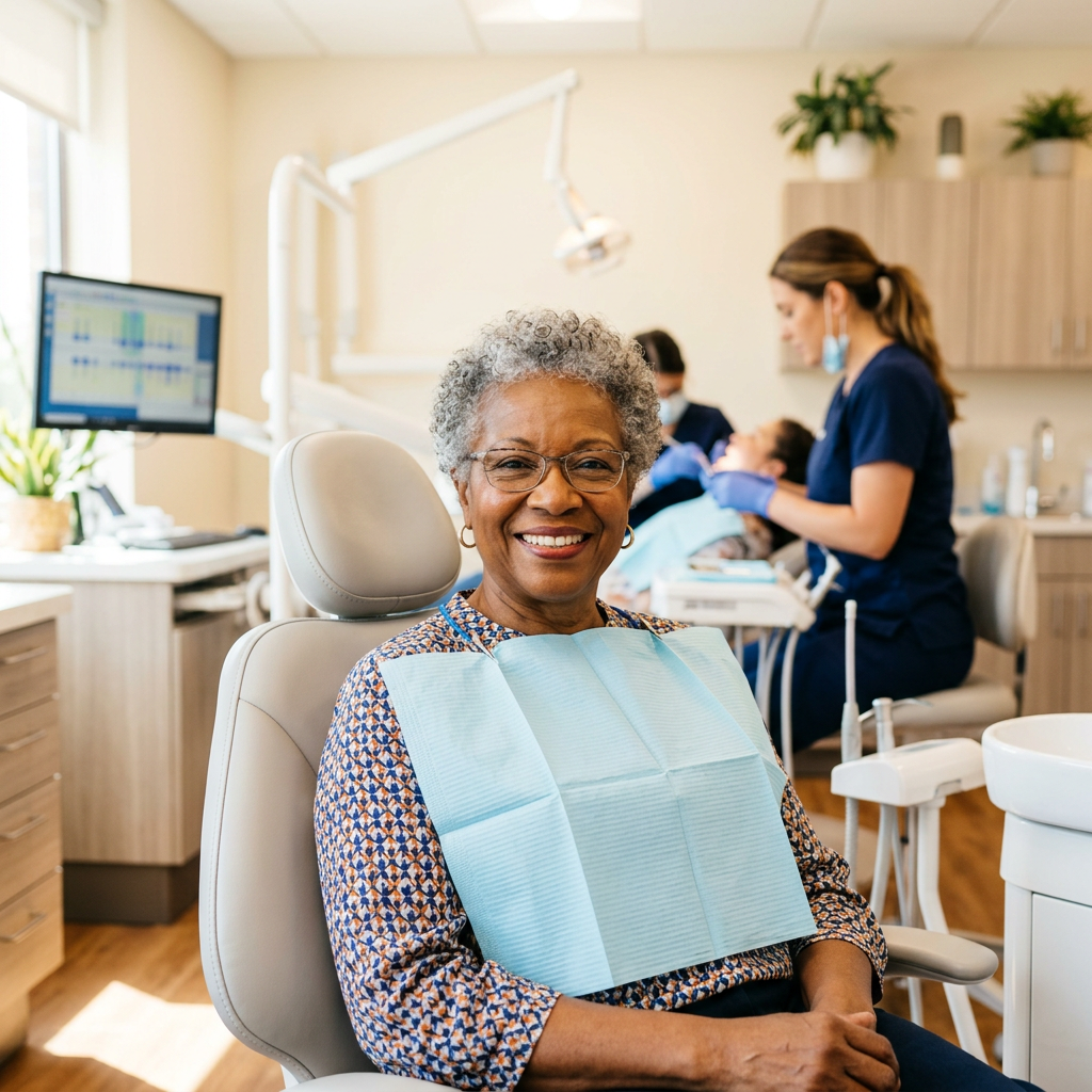 Senior woman smiling at dental office